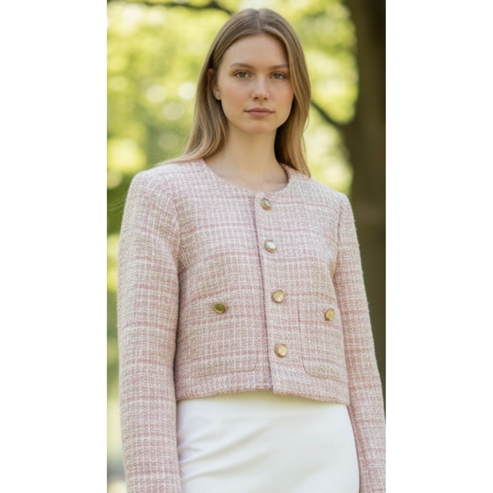 Joie Tweed Cropped Jacket Womens Small Pink New With Tags Gold Button Lady Coat - Picture 2 of 9